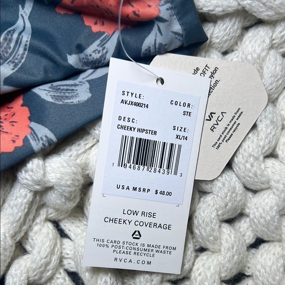 RVCA Gray and‎ Coral Low Ruse Cheeky Hipster Bikini Bottoms - Picture 3 of 7